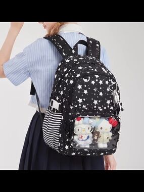 NWT Aorda Star Print Black Ita Nylon Backpack with Clear Front Pocket